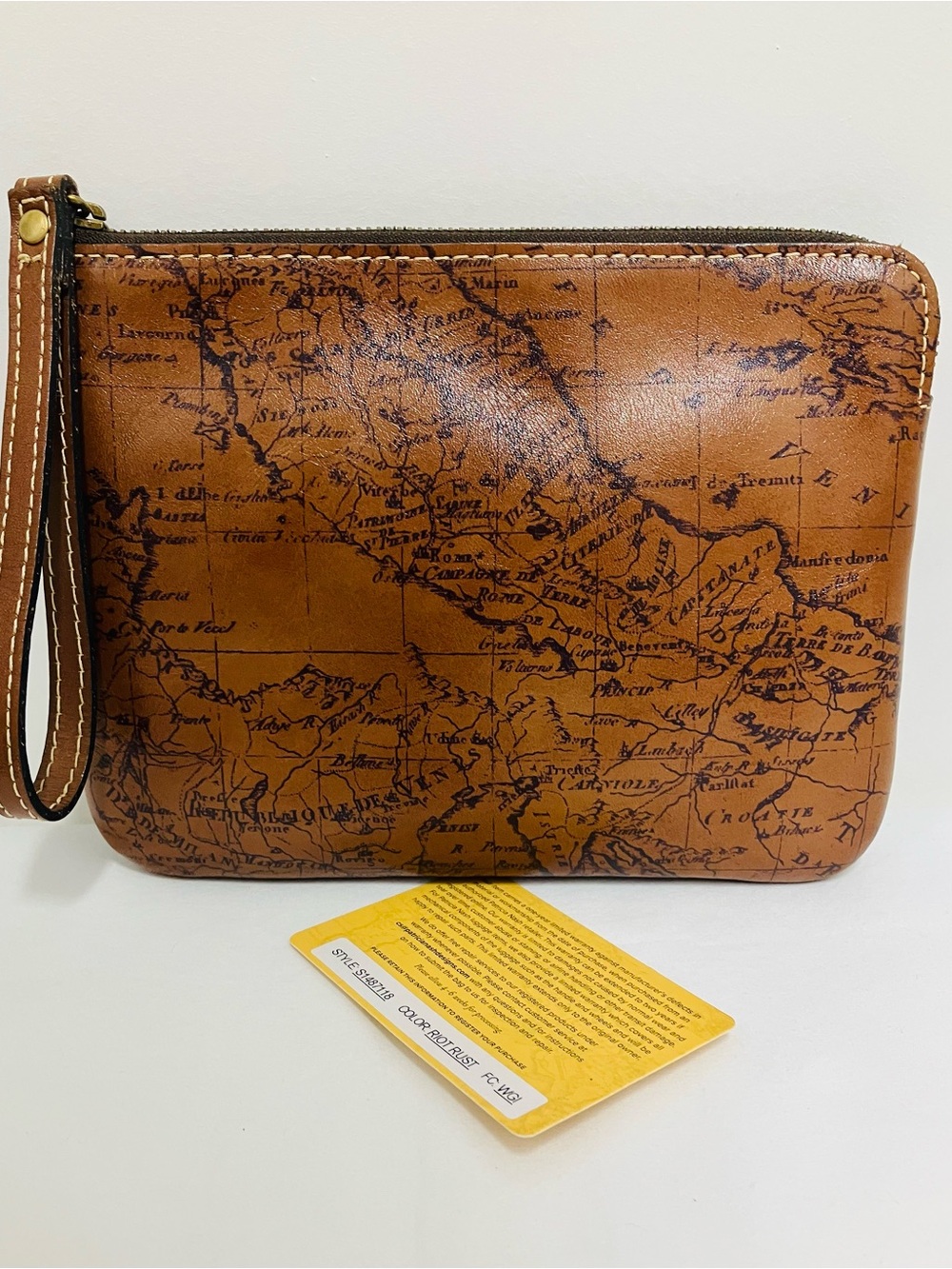 Patricia Nash Old Italy Map-Print Leather Wristlet Clutch - Rust Brown
